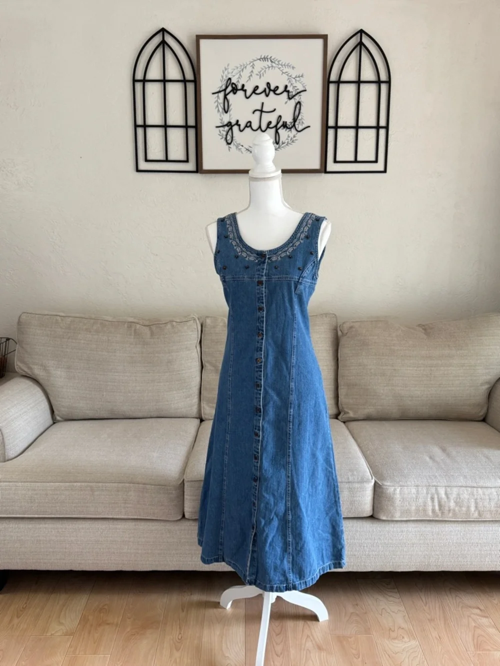 Vintage Christopher & Banks Embroidered Denim Button-Front Midi Dress Size 10